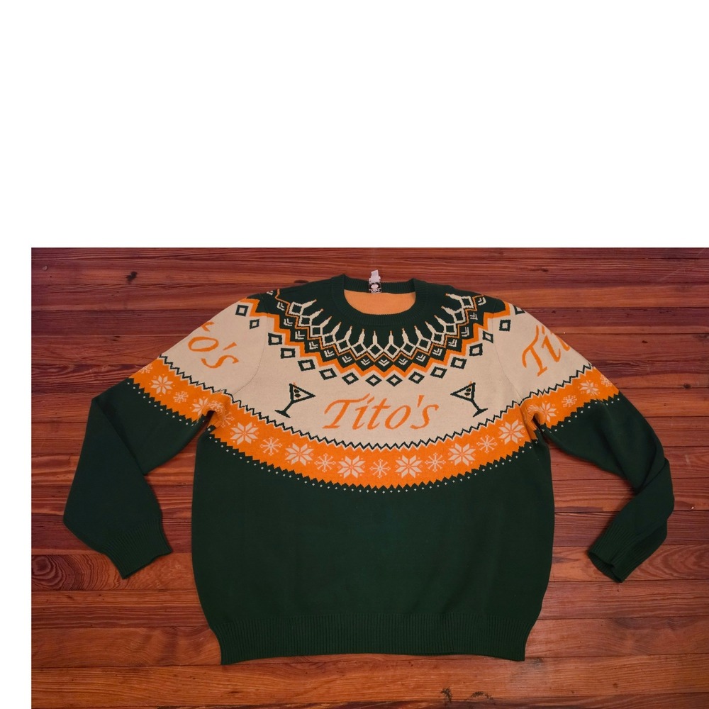 Titos Handmade Vodka Ugly Christmas Sweater Mens 2XL Green Orange Fair Isle Knit